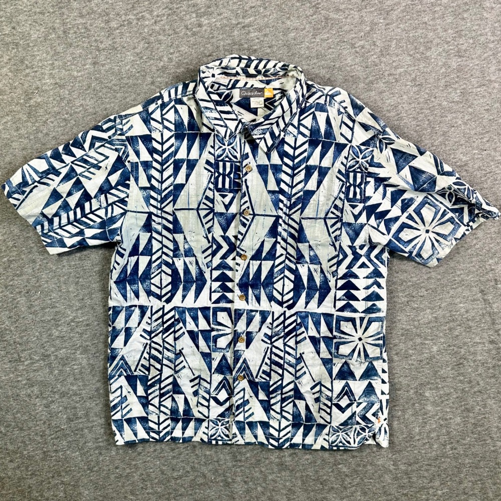 Quiksilver Men's XLHawaiian Shirt Blue White Geometric Print Button‎ Down